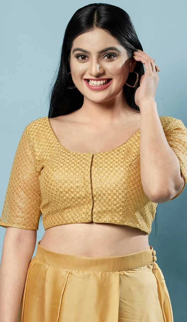 Festival Wear Gold Color Designer Readymade Blouse In Net With Embroidery Work - 7731177878