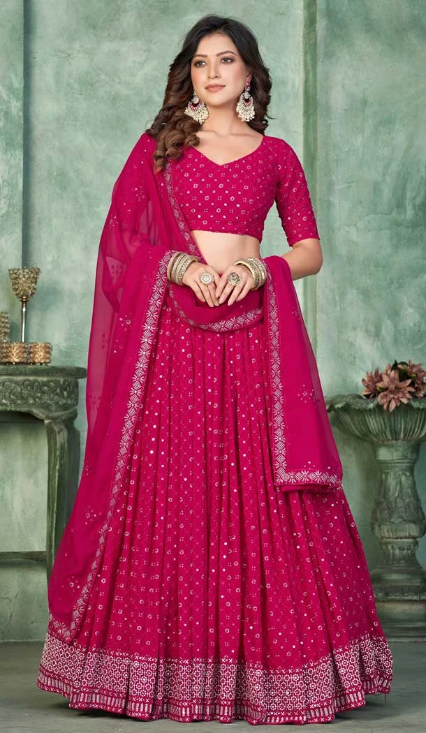 Georgette With Embroidered And Thread Work Heavy Function Wear Lehenga Choli In Pink - 7736177903