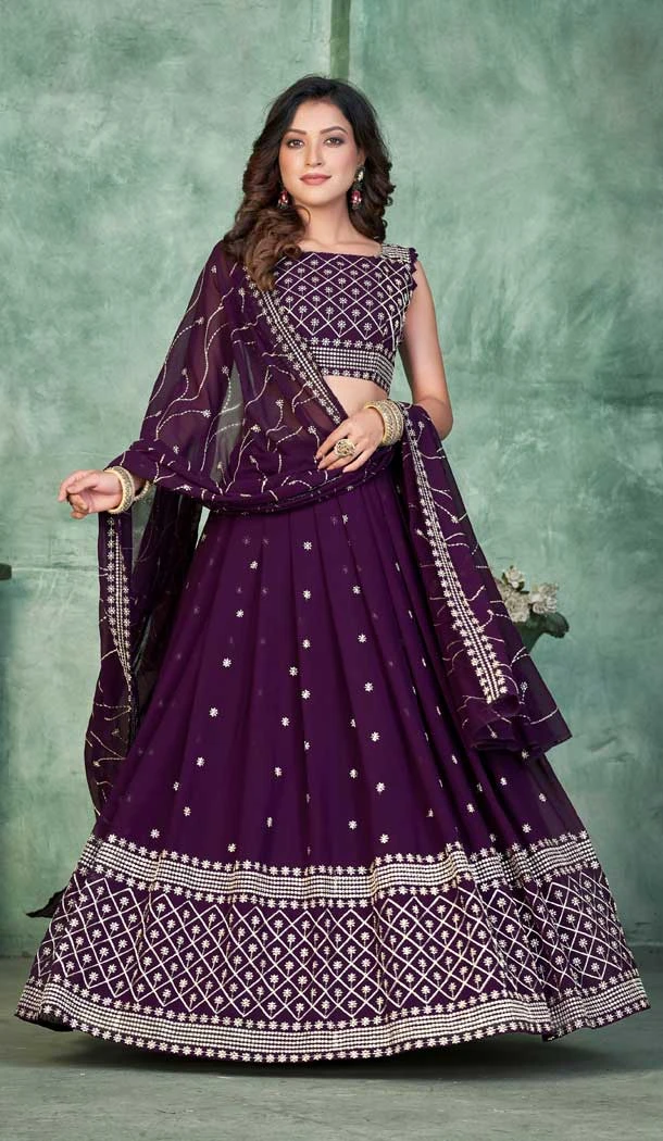 Georgette With Embroidered And Thread Work Heavy Function Wear Lehenga Choli In Purple - 7736177904