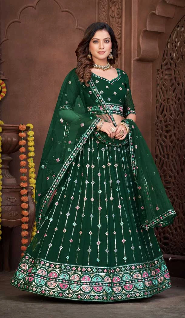 Georgette With Embroidered And Thread Work Heavy Function Wear Lehenga Choli In Dark Green - 7736177905