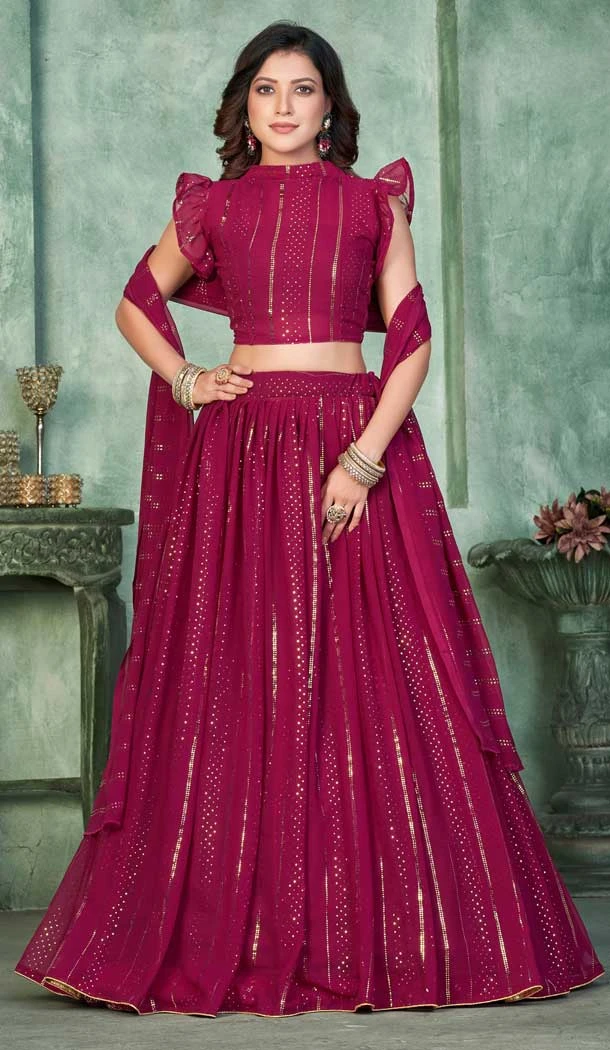 Traditional Georgette With Embroidered And Thread Work Heavy Function Wear Lehenga Choli In Pink - 7736177906