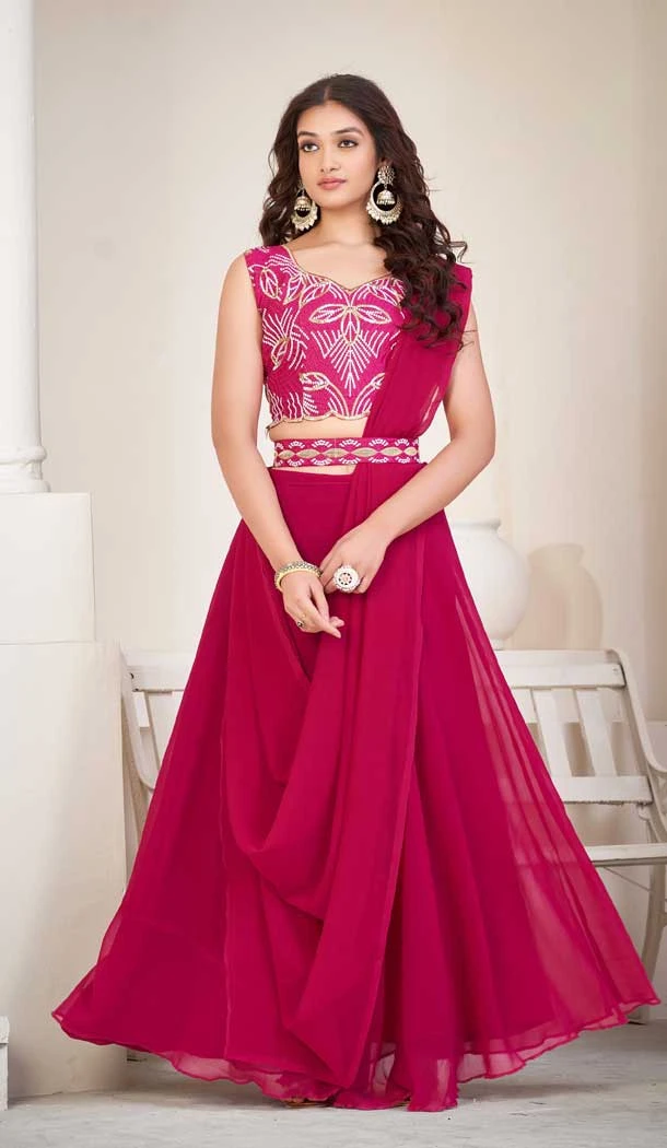 Embroidered And Thread Work Georgette Heavy Function Wear Lehenga Choli In Pink - 7736177908