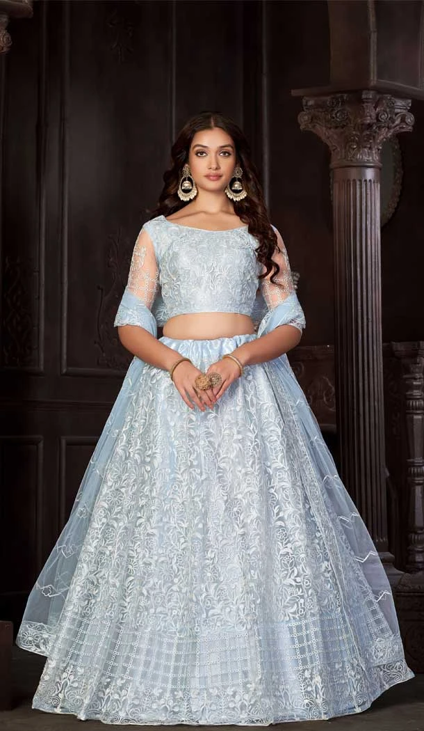 Net With Embroidered And Thread Work Heavy Function Wear Lehenga Choli In Light Sky - 7736177910