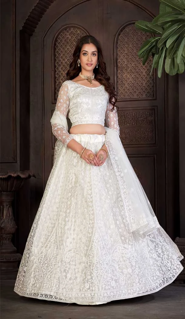 Net With Embroidered And Thread Work Heavy Function Wear Lehenga Choli In White - 7736177912
