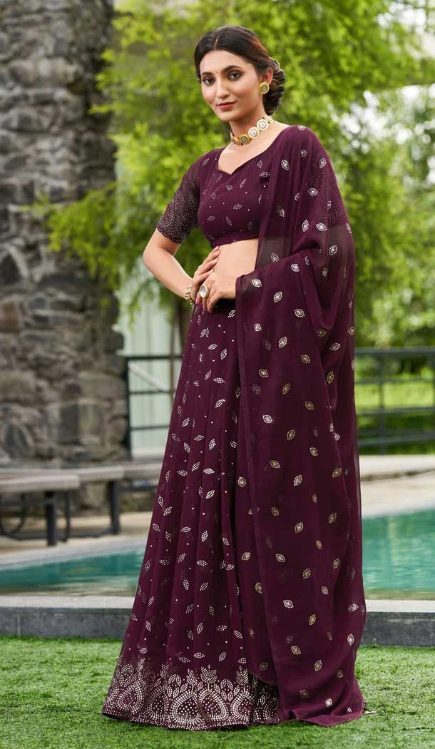 Georgette With Embroidered And Thread Work Heavy Function Wear Lehenga Choli In Wine - 7736177914