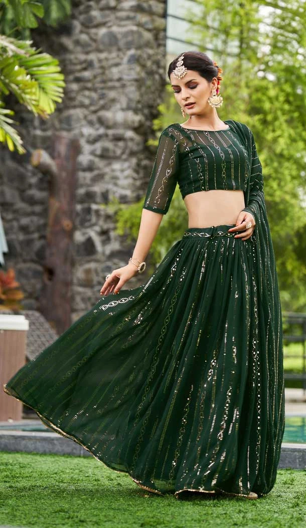 Georgette With Embroidered And Thread Work Heavy Function Wear Lehenga Choli In Green - 7736177915