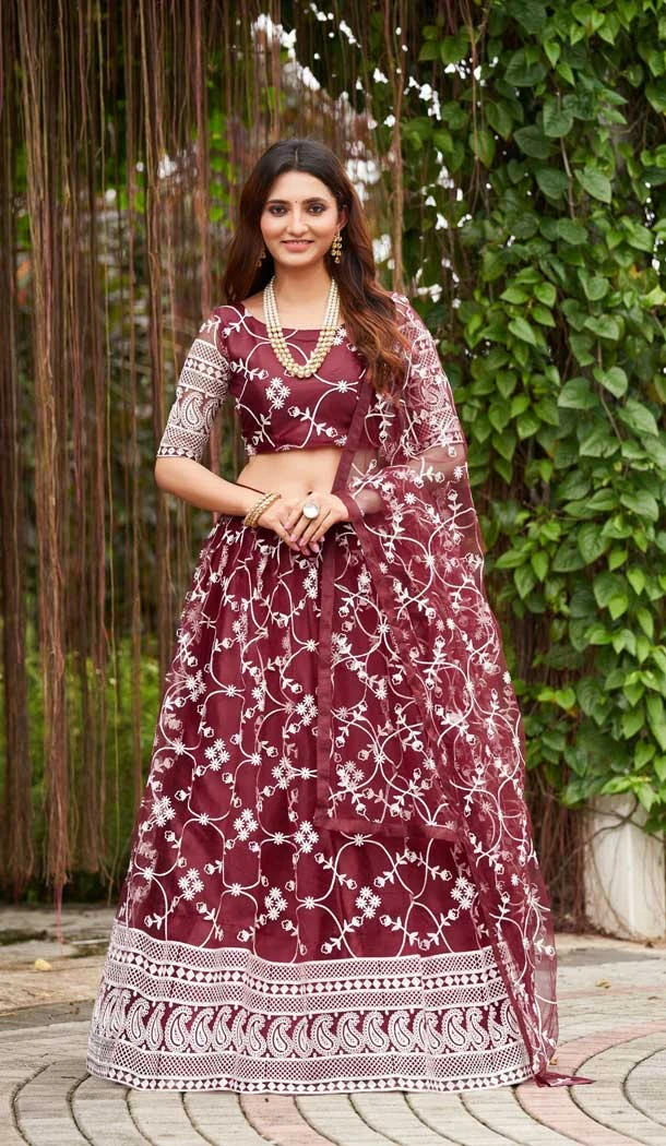 Net With Embroidered And Thread Work Heavy Function Wear Lehenga Choli In Maroon - 7736177916