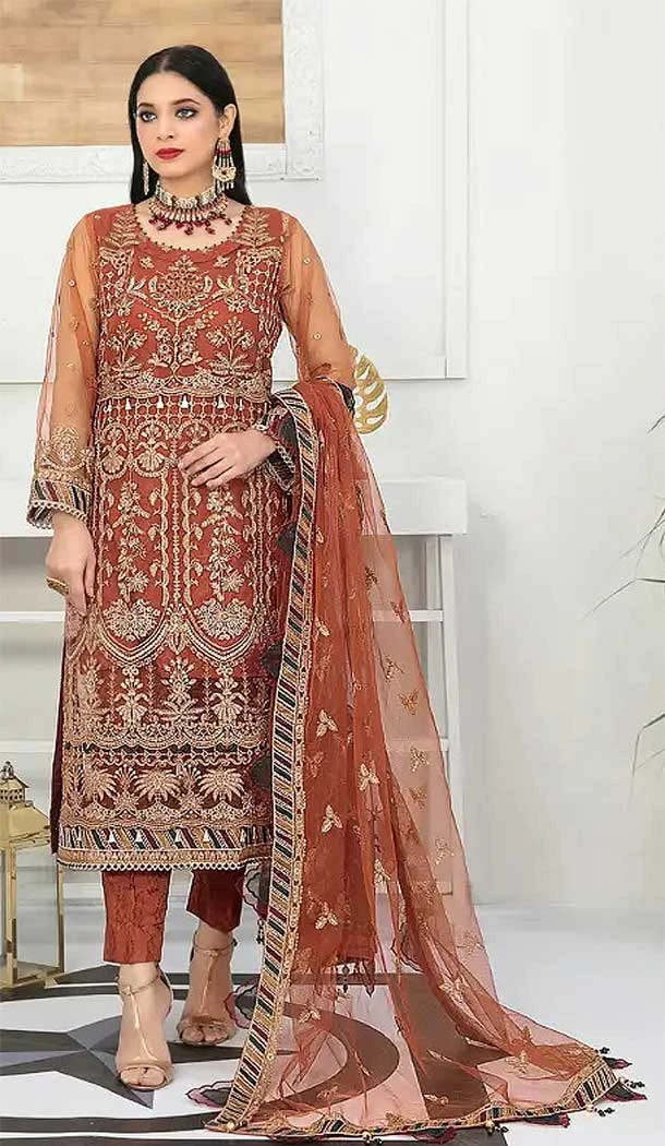 Party Wear Net Embroidered Traditional Pakistani Salwar Kameez In Brown - 7798178247
