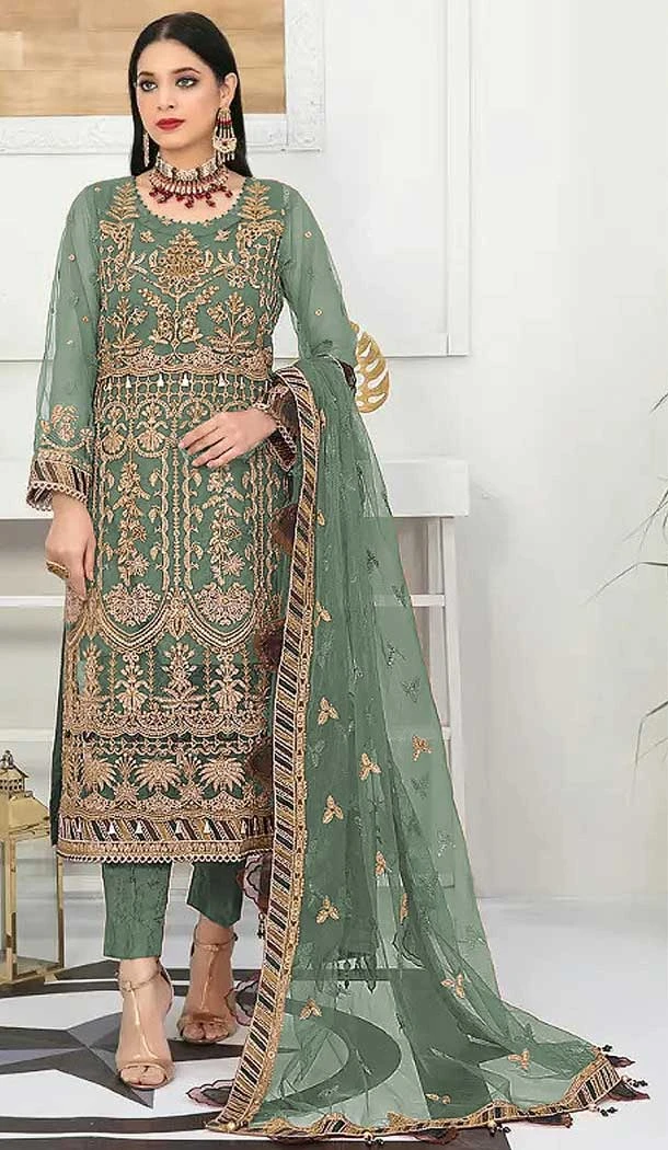 Party Wear Net Embroidered Traditional Pakistani Salwar Kameez In Green - 7798178248