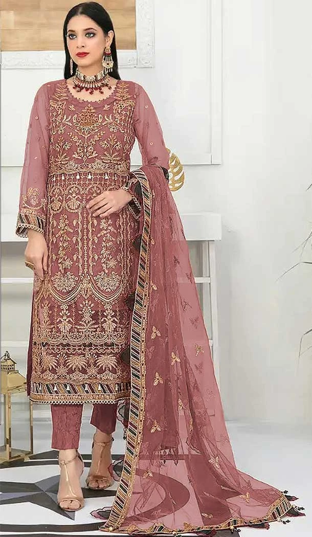 Party Wear Net Embroidered Traditional Pakistani Salwar Kameez In Mauve - 7798178249