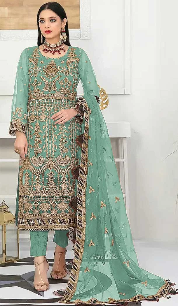 Party Wear Net Embroidered Traditional Pakistani Salwar Kameez In Sky - 7798178250