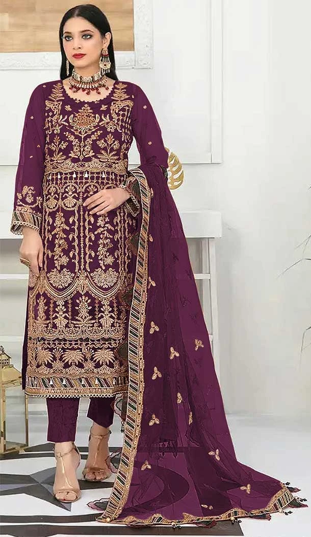 Party Wear Net Embroidered Traditional Pakistani Salwar Kameez In Purple - 7798178251