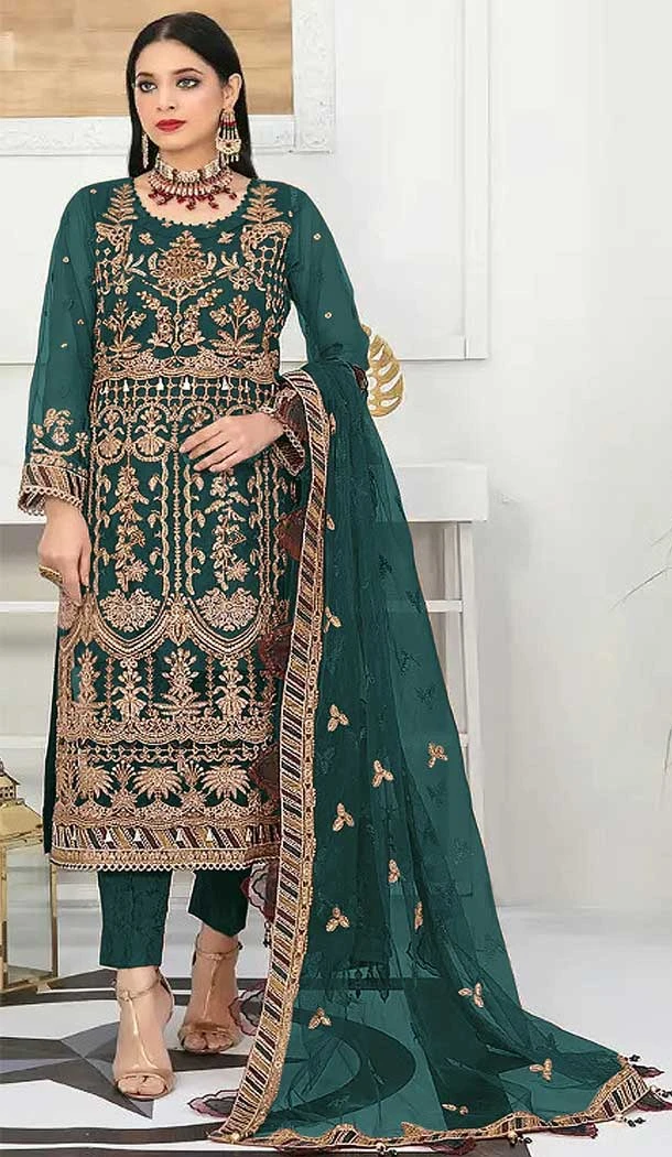 Party Wear Net Embroidered Traditional Pakistani Salwar Kameez In Aqua Blue - 7798178252