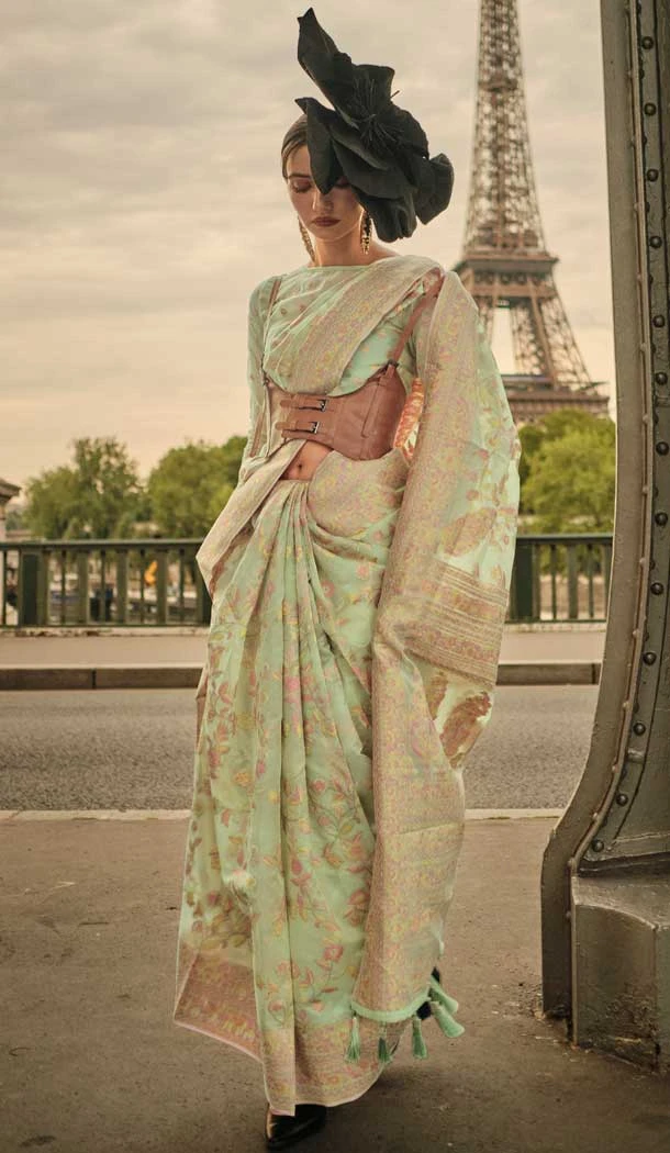 Organza With Weaving Work Traditional Function Wear Saree In Pista Color - 7801178287