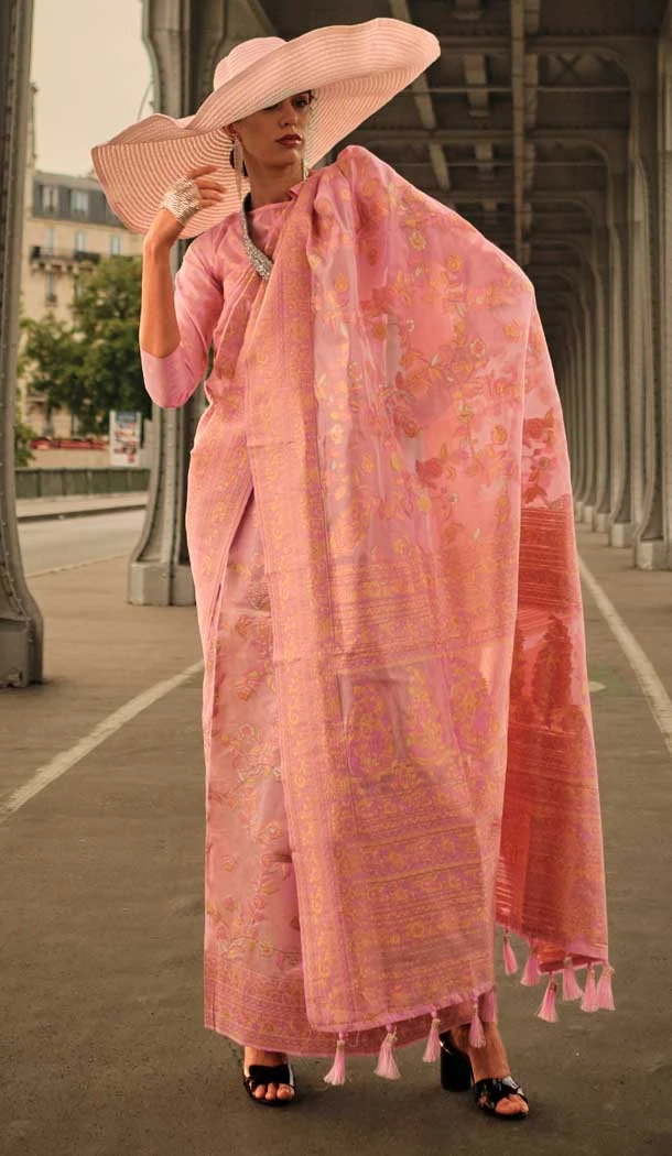 Traditional Organza With Weaving Work Function Wear Saree In Pink Color - 7801178290