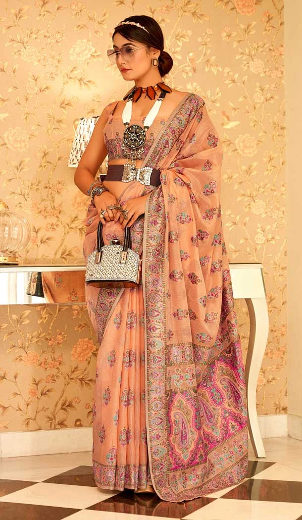 Peach Color Traditional Butta Silk With Woven Work Party Wear Plus Size Saree - 7802178287
