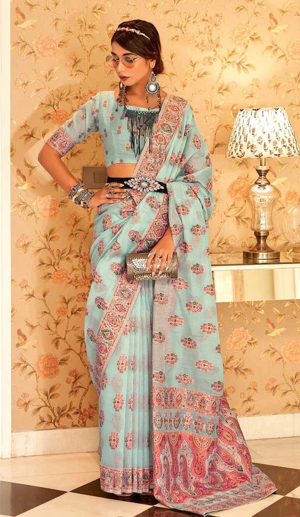 Sky Blue Color Traditional Butta Silk With Woven Work Party Wear Plus Size Saree - 7802178288