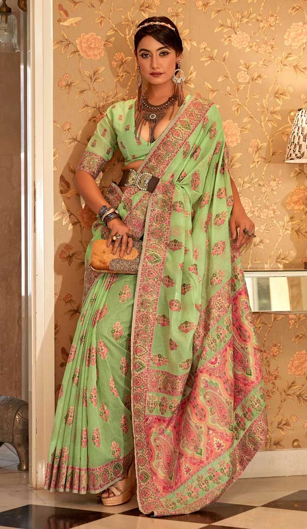 Pista Color Traditional Butta Silk With Woven Work Party Wear Plus Size Saree - 7802178290