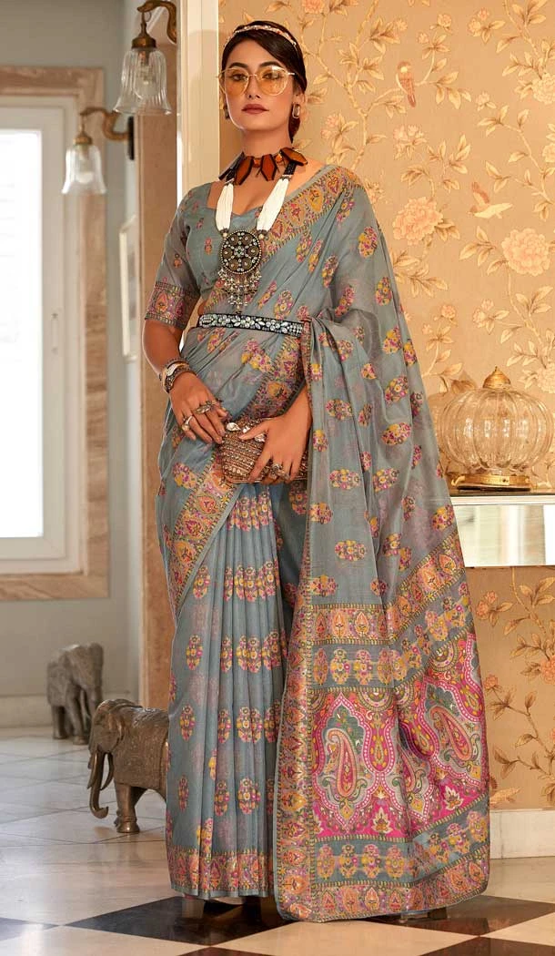 Grey Color Traditional Butta Silk With Woven Work Party Wear Plus Size Saree - 7802178292