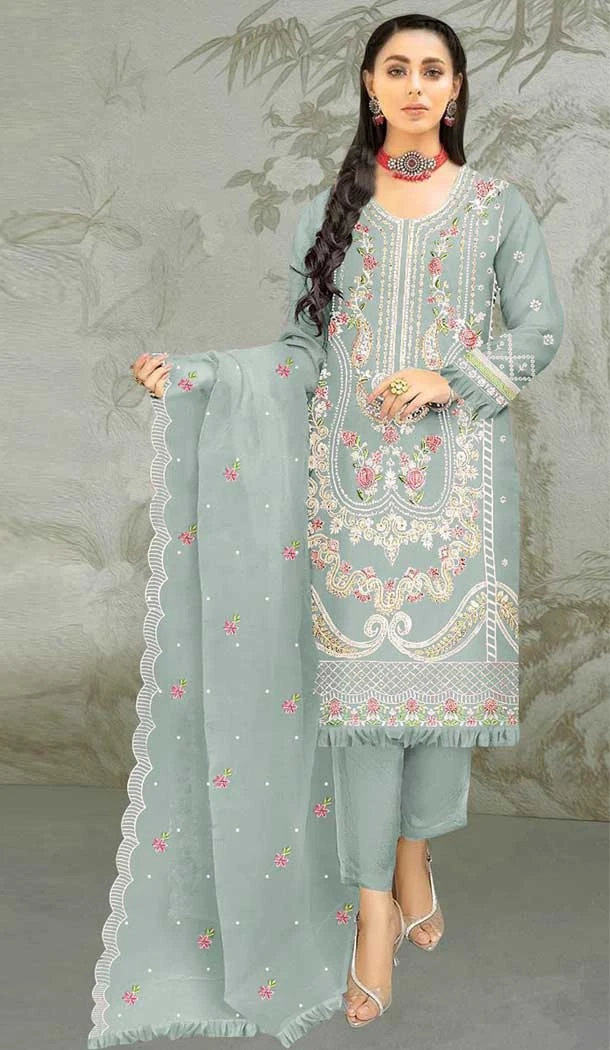 Traditional Organza Embroidered Function Wear Pakistani Style Salwar Suit In Light Grey - 7809178382