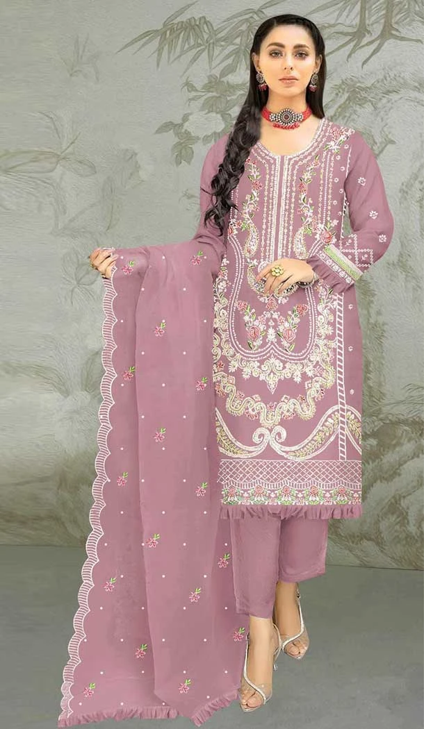Traditional Organza Embroidered Function Wear Pakistani Style Salwar Suit In Mauve - 7809178383