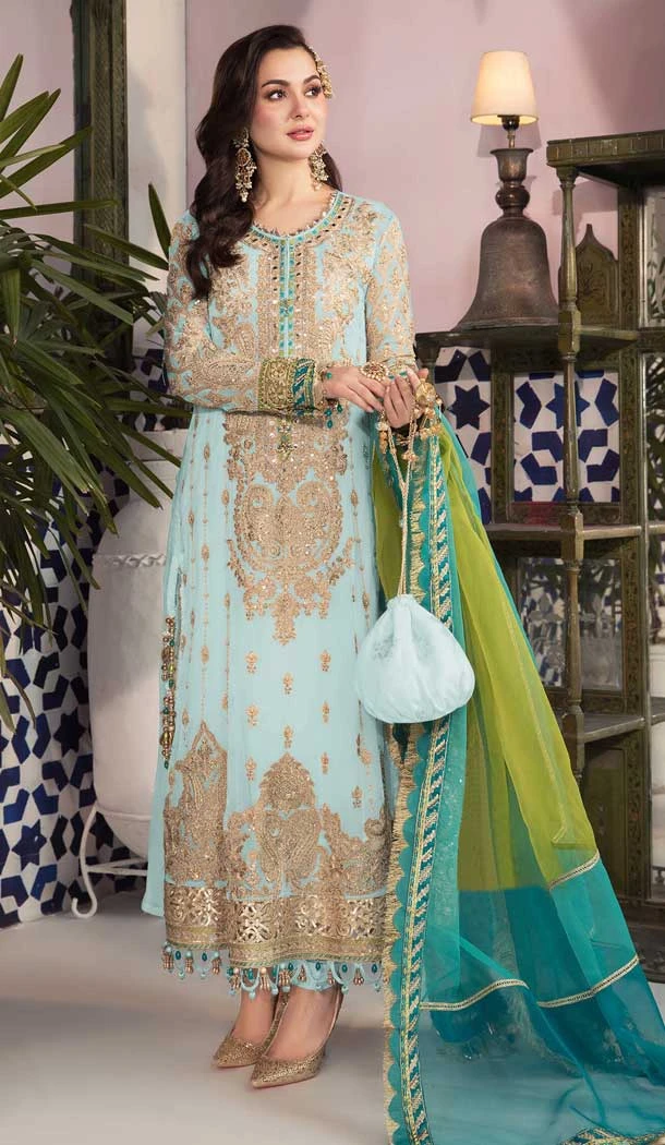 Magnificent Sky Color Faux Georgette With Embroidery Work Pakistani Wedding Wear Salwar Kameez - 7810178388