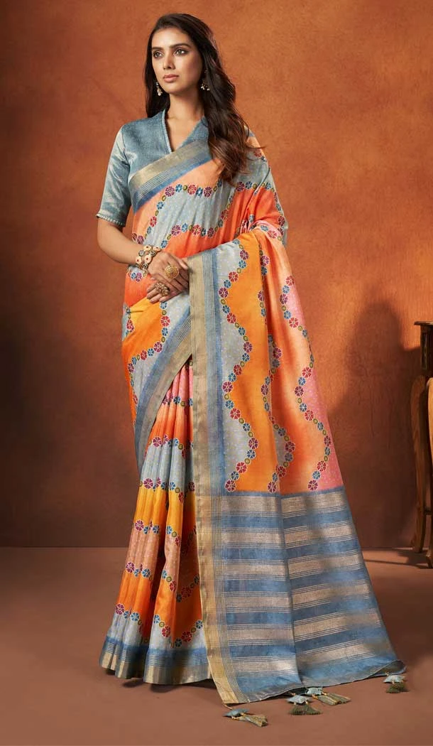 Classy Orange And Blue Silk Weaving Work Traditional Designer Wear Saree - 7813178398