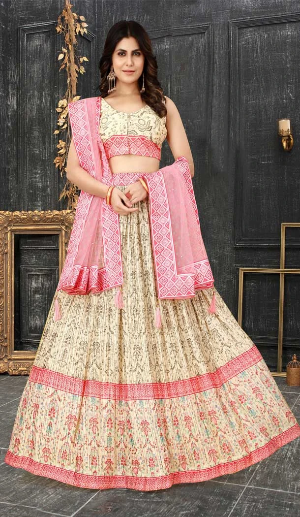 Function Wear Silk With Digital Print Work Designer Lehenga Choli In Cream Color - 7815178421