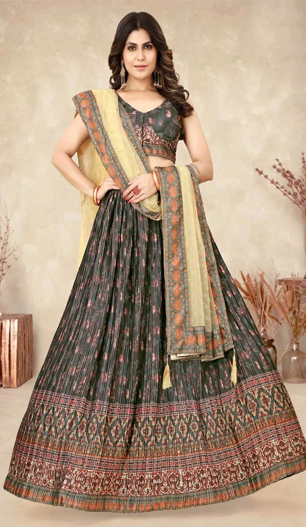 Function Wear Silk With Digital Print Work Designer Lehenga Choli In Dark Grey Color - 7815178422