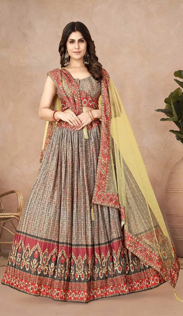 Function Wear Silk With Digital Print Work Designer Lehenga Choli In Light Grey Color - 7815178423