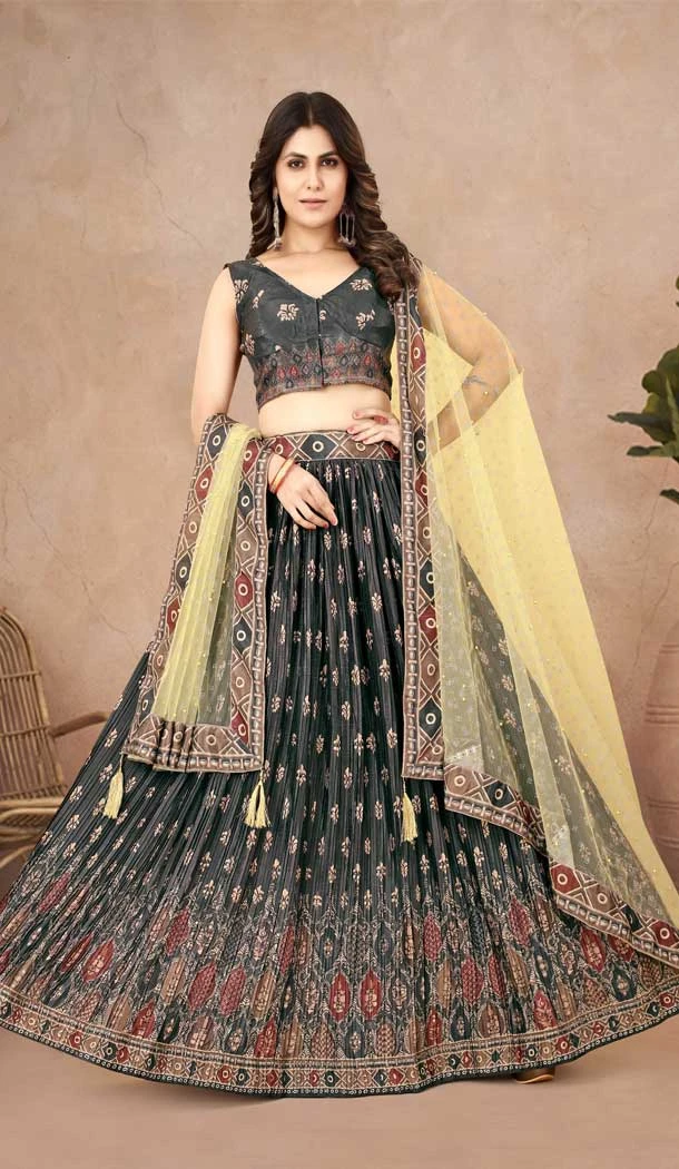 Function Wear Silk With Digital Print Work Designer Lehenga Choli In Black Color - 7815178424