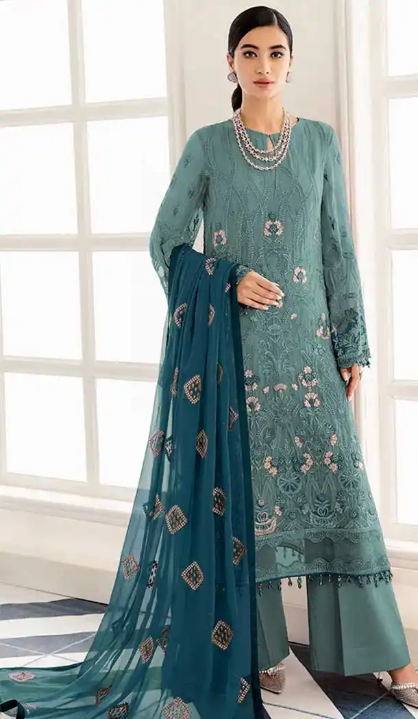 Sky Color Faux Georgette Embroidery Work Pakistani Style Palazzo Salwar Kameez - 7822178479