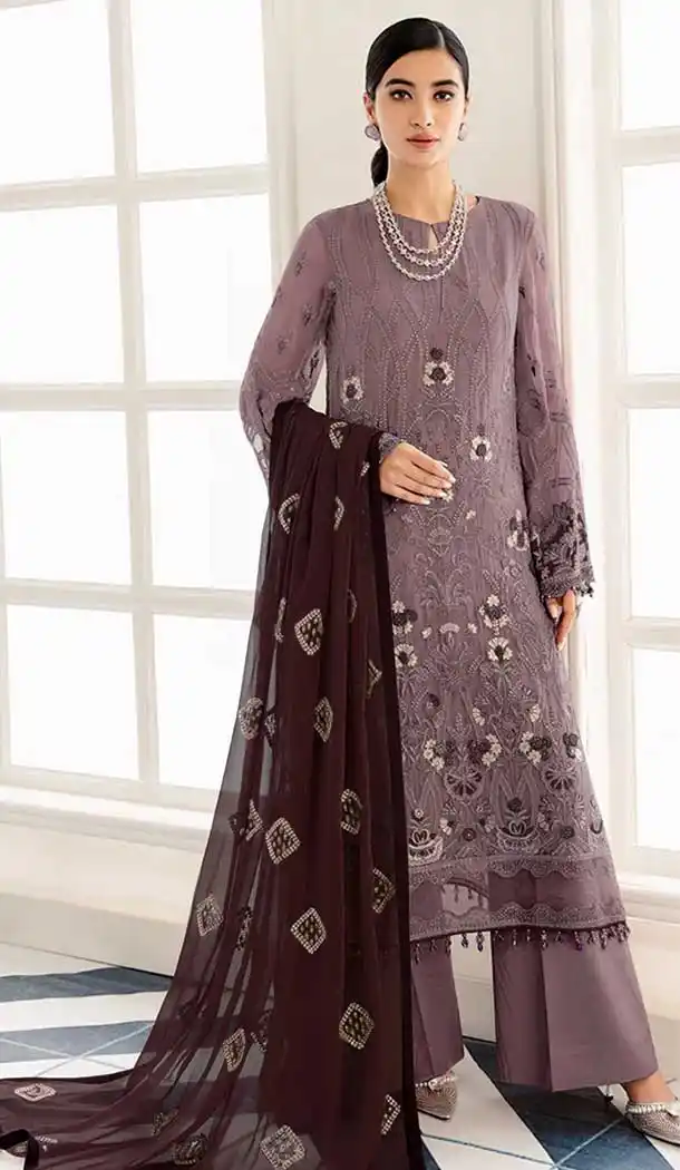 Mauve Color Faux Georgette Embroidery Work Pakistani Style Palazzo Salwar Kameez - 7822178480