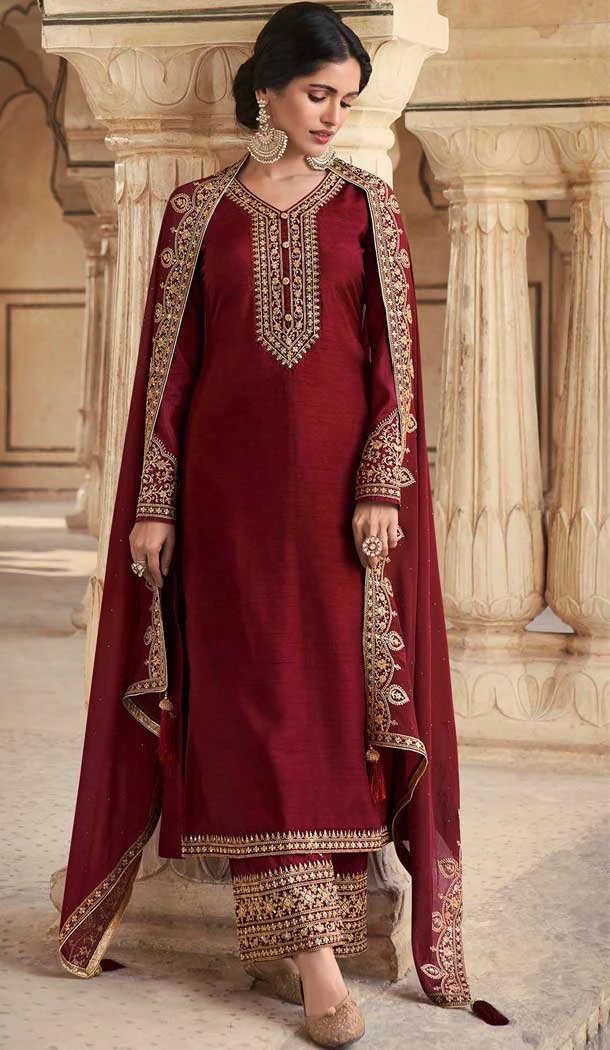 Dola Silk Maroon Embordered Function Wear Pakistani Palazzo Salwar Kameez - 7823178484