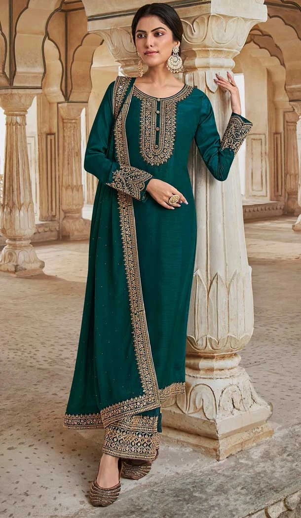 Dola Silk Aqua Blue Embordered Function Wear Pakistani Palazzo Salwar Kameez - 7823178485