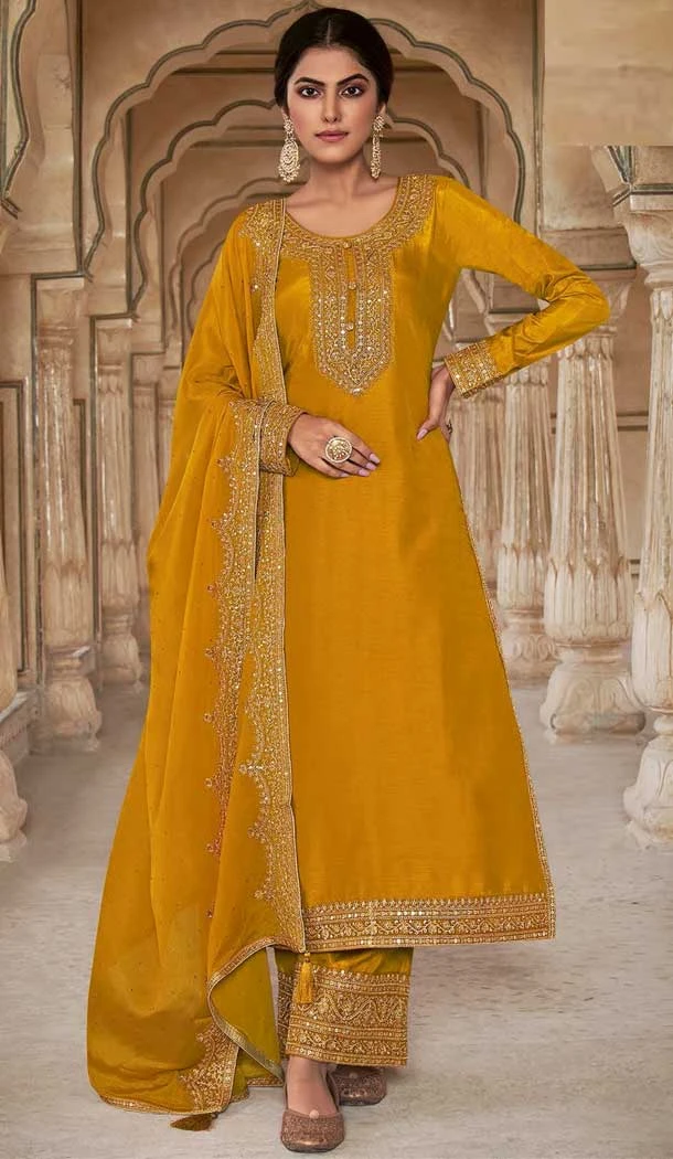 Dola Silk Yellow Embordered Function Wear Pakistani Palazzo Salwar Kameez - 7823178487