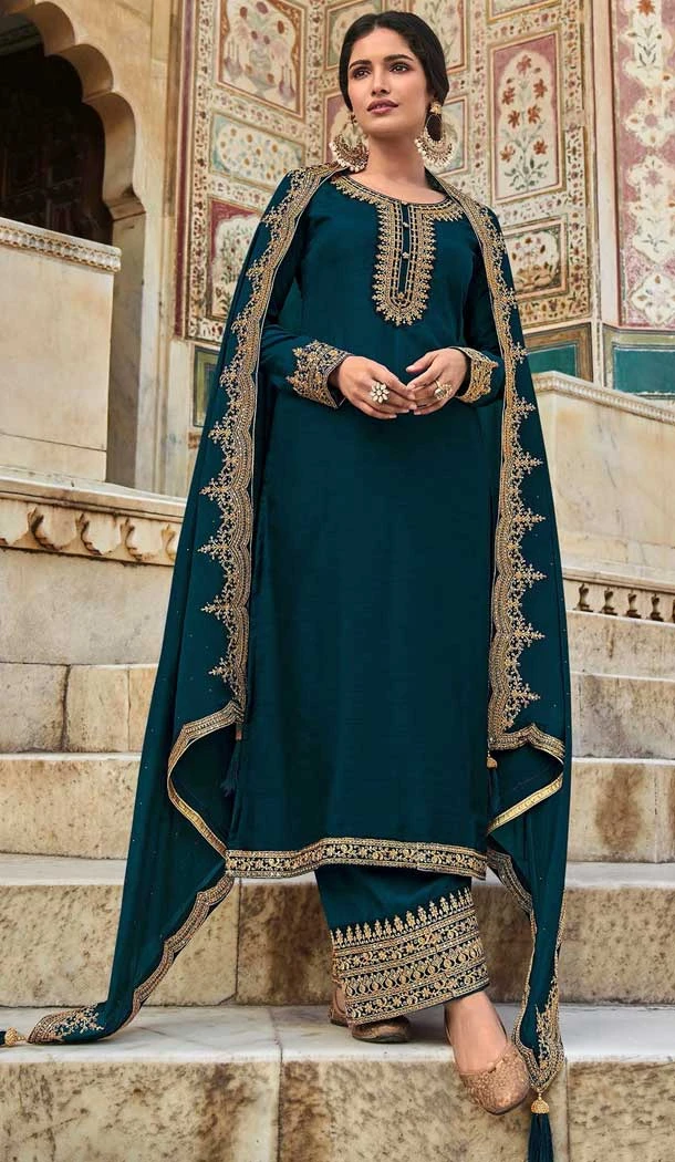 Dola Silk Blue Embordered Function Wear Pakistani Palazzo Salwar Kameez - 7823178488