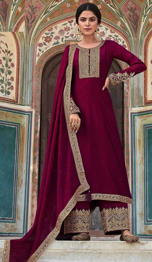Dola Silk Purple Embordered Function Wear Pakistani Palazzo Salwar Kameez - 7823178489