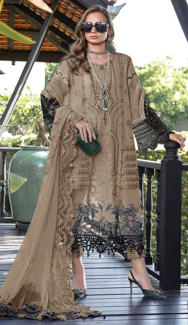 Traditional Beige Faux Georgette Pakistani Embroidered Party Wear Salwar Suit - 7824178494