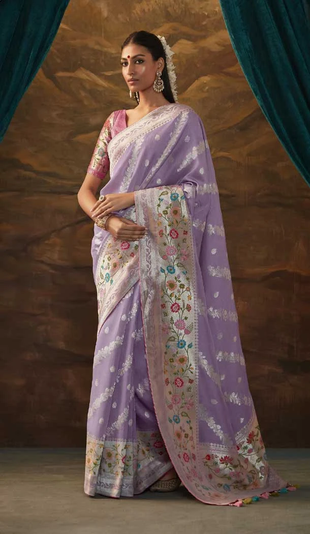 Lavender Color Zari Work In Dola Silk Traditional Designer Wedding Wear Saree - 7842178595