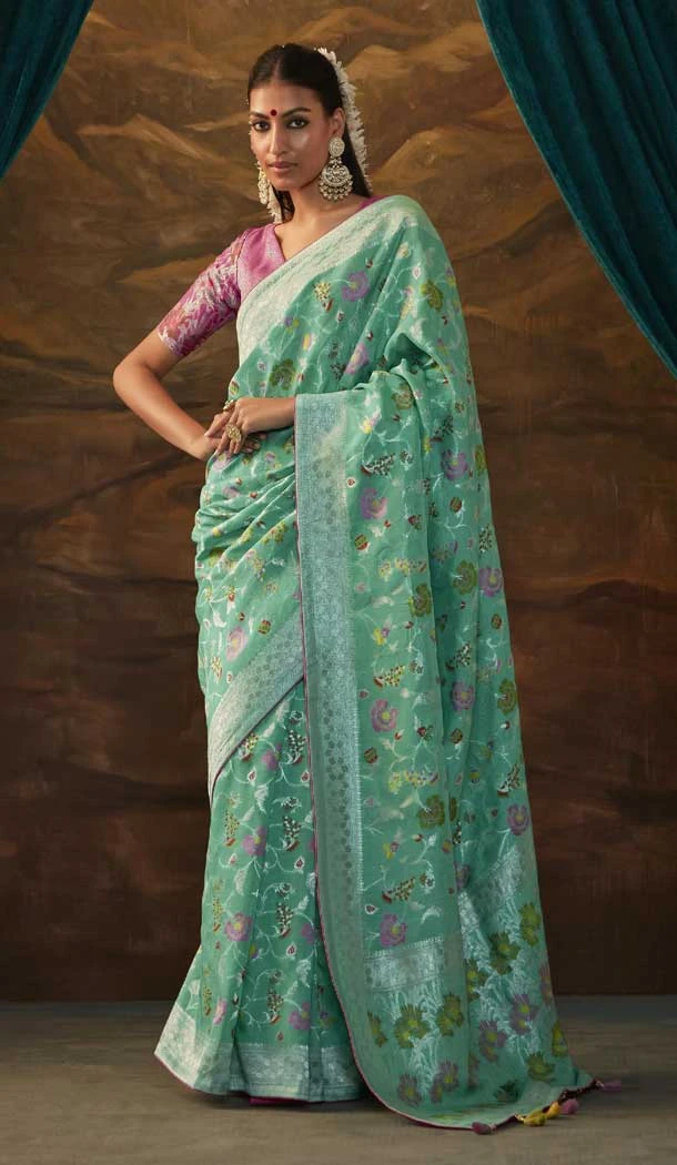 Mint Color Zari Work In Dola Silk Traditional Designer Wedding Wear Saree - 7842178598