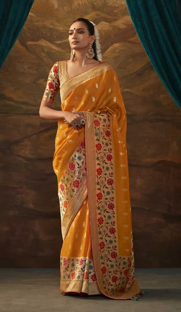 Mustard Color Zari Work In Dola Silk Traditional Designer Wedding Wear Saree - 7842178599