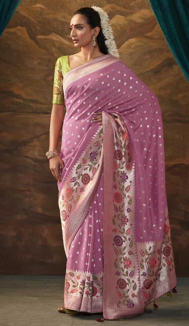 Traditional Pink Color Zari Work In Dola Silk Wedding Wear Saree - 7842178601