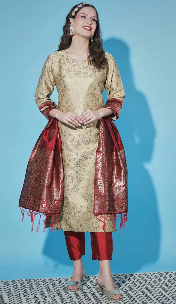 Beige Color Cotton Silk With Woven Work Designer Festival Wear Heavy Salwar Suit - 7847178620
