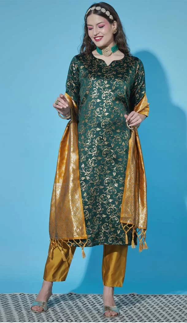 Green Color Cotton Silk With Woven Work Designer Festival Wear Heavy Salwar Suit - 7847178622
