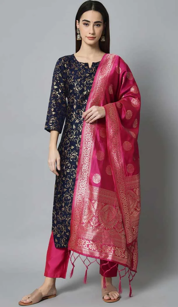 Navy Blue Color Cotton Silk With Woven Work Designer Festival Wear Heavy Salwar Suit - 7847178626