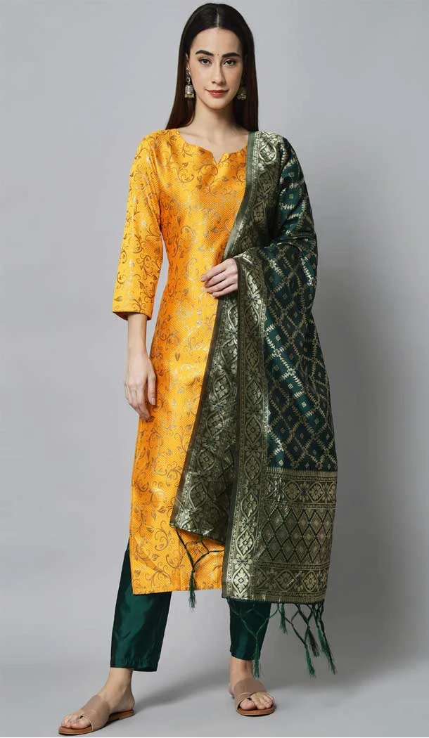 Yellow Color Cotton Silk With Woven Work Designer Festival Wear Heavy Salwar Suit - 7847178627