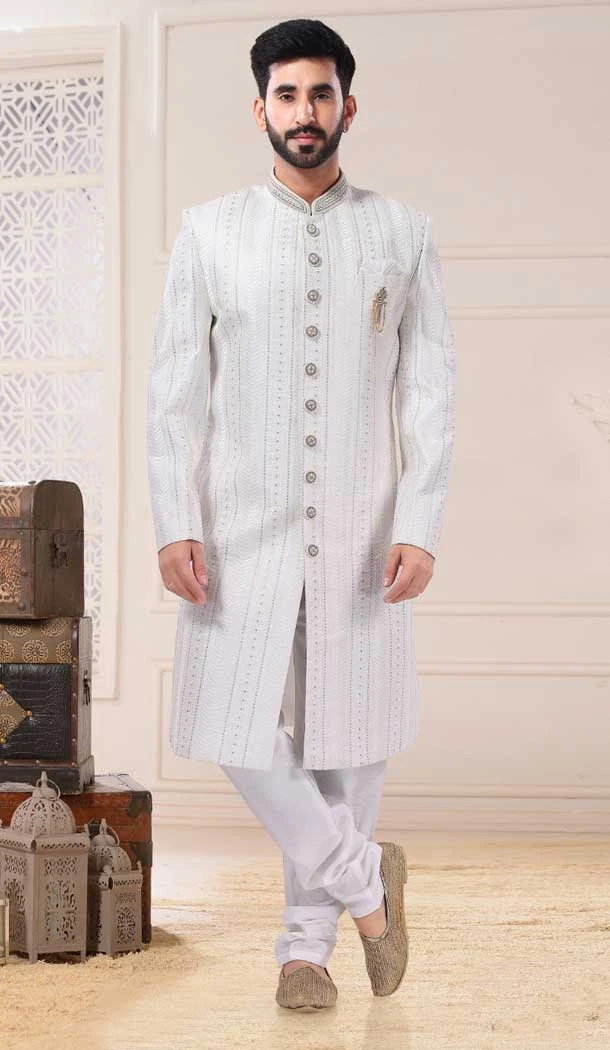 Wedding Wear In Silk With Resham And Sequins Work Designer Men's Sherwani In White - 7855178664