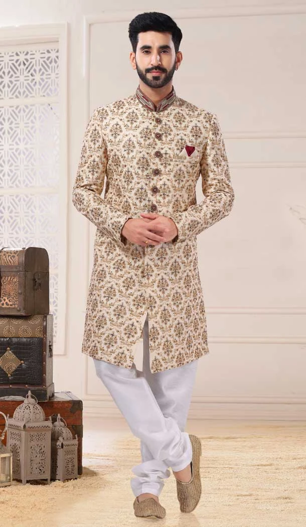 Wedding Wear In Silk With Resham And Sequins Work Designer Men's Sherwani In Gold - 7855178665