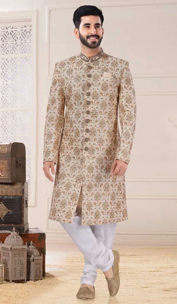 Designer Wedding Wear In Silk With Resham And Sequins Work Men's Sherwani In Gold - 7855178666